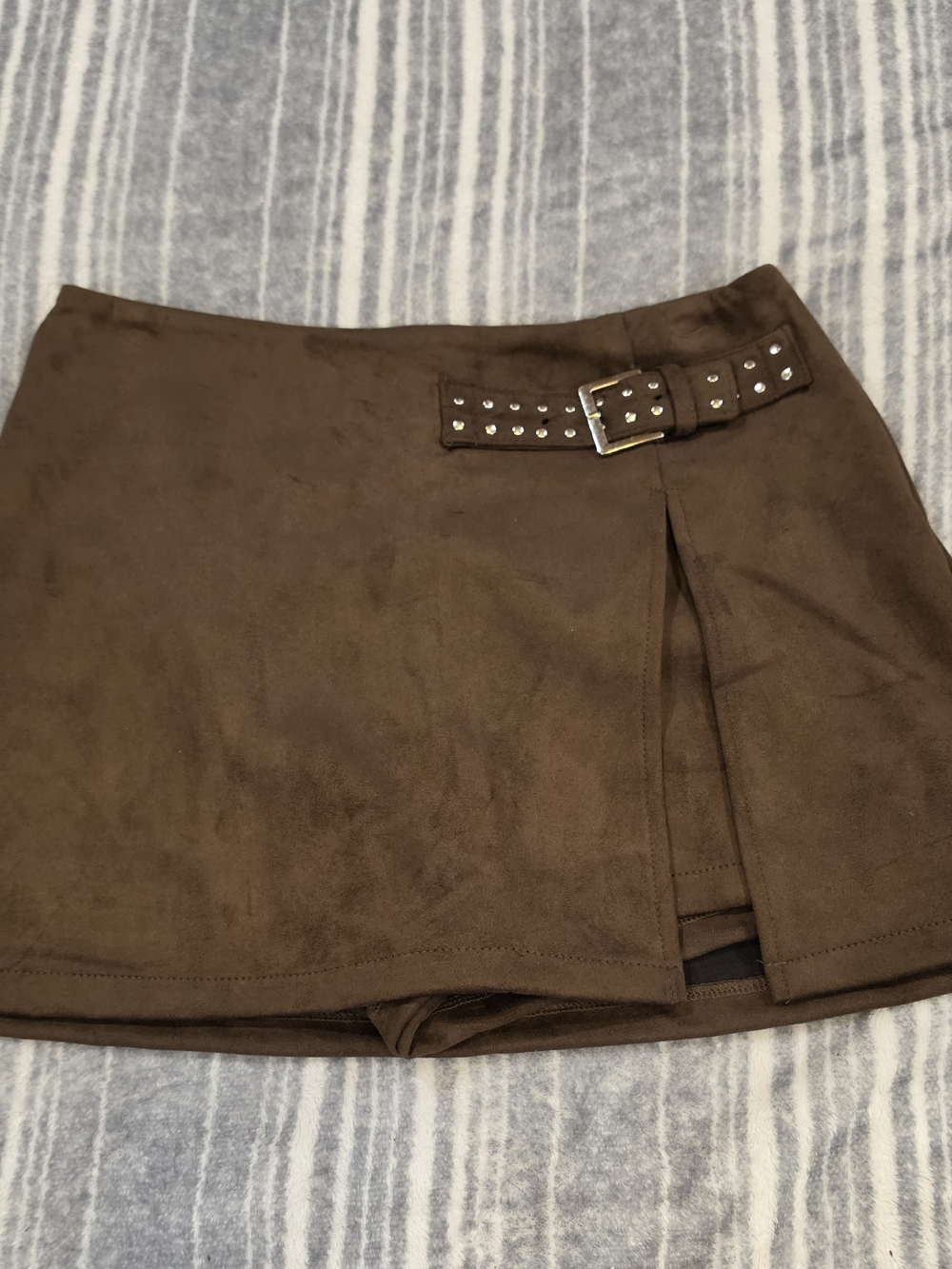 Love Tree Brown Suede-Look Mini Skort with Studded Buckle Accent
